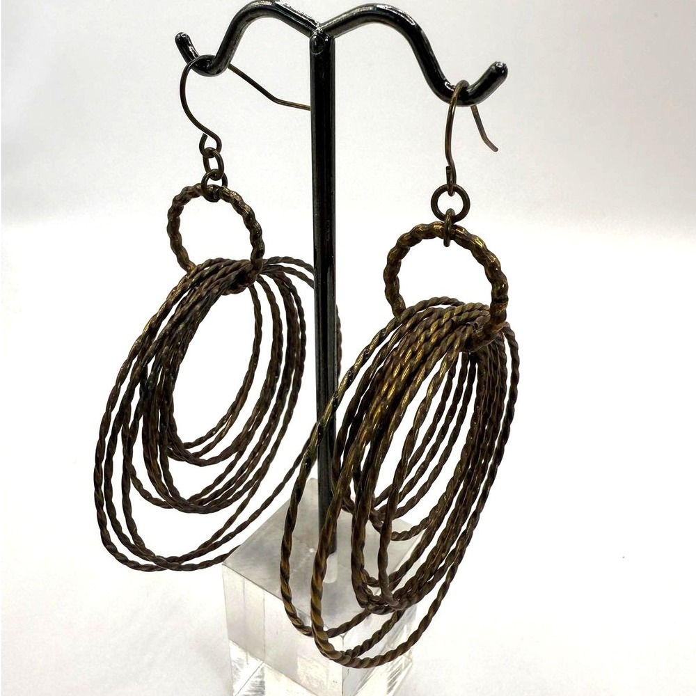 Vintage Brass Tone Multi Hoop Dangle Earrings – Layered Boho Statement Jewelry‎